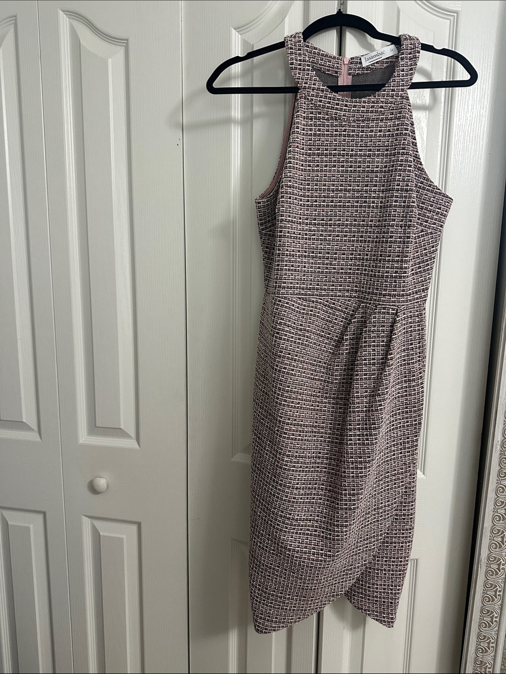 Sleeveless Tweed-Effect Midi Dress in Pink and Black